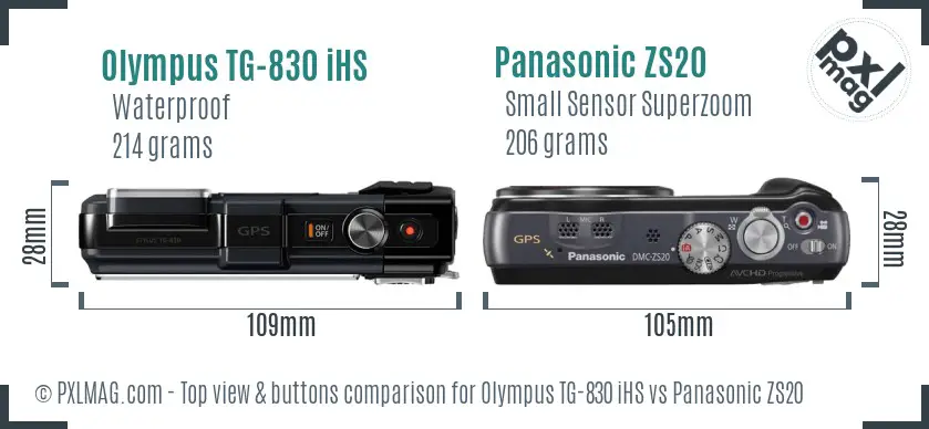 Olympus TG-830 iHS vs Panasonic ZS20 top view buttons comparison