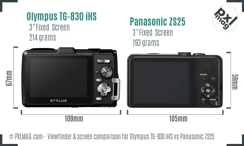 Olympus TG-830 iHS vs Panasonic ZS25 Screen and Viewfinder comparison