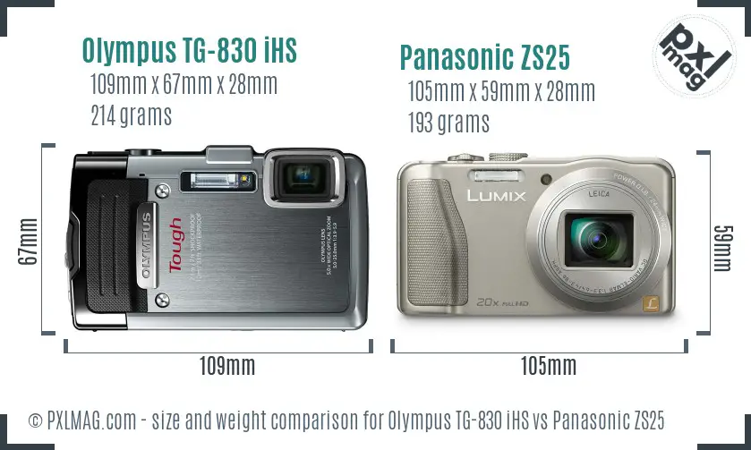 Olympus TG-830 iHS vs Panasonic ZS25 size comparison