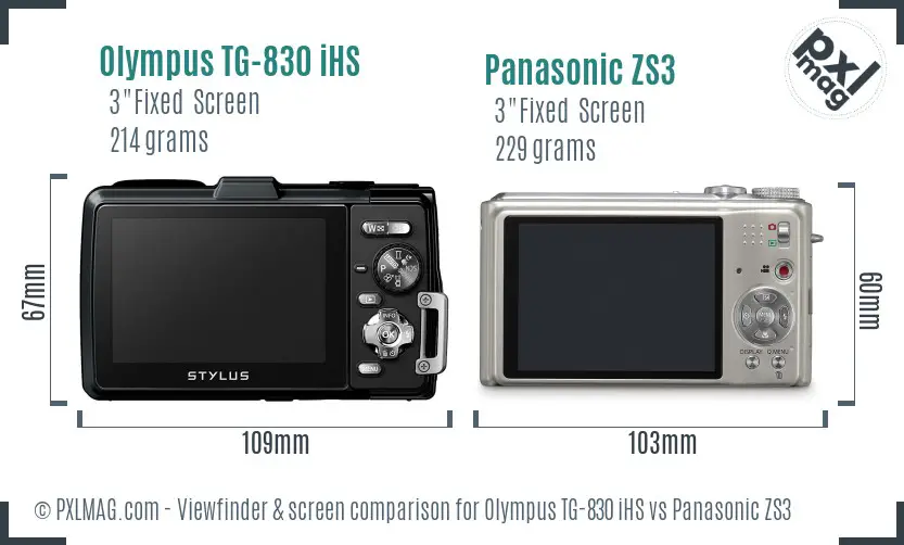 Olympus TG-830 iHS vs Panasonic ZS3 Screen and Viewfinder comparison