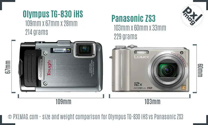 Olympus TG-830 iHS vs Panasonic ZS3 size comparison