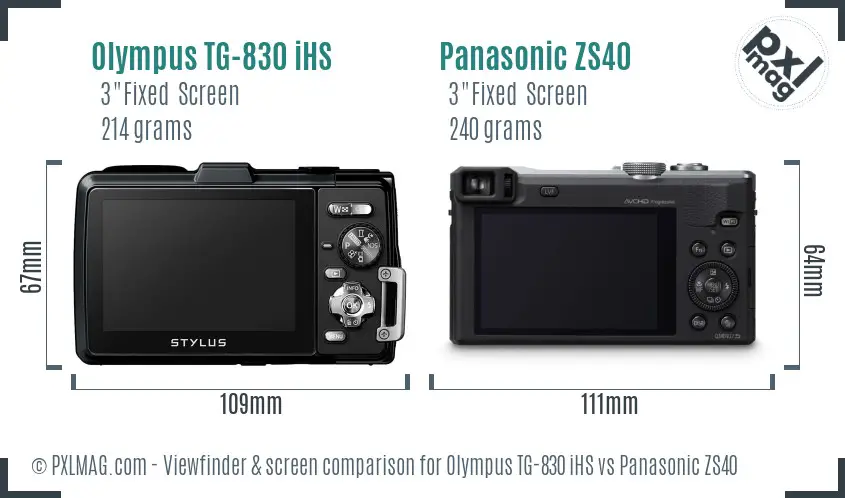Olympus TG-830 iHS vs Panasonic ZS40 Screen and Viewfinder comparison