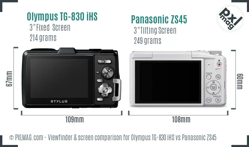 Olympus TG-830 iHS vs Panasonic ZS45 Screen and Viewfinder comparison
