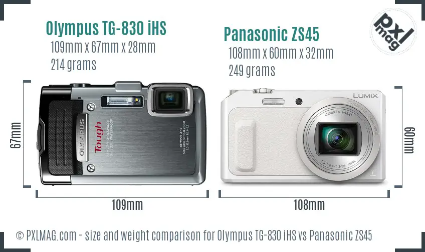 Olympus TG-830 iHS vs Panasonic ZS45 size comparison