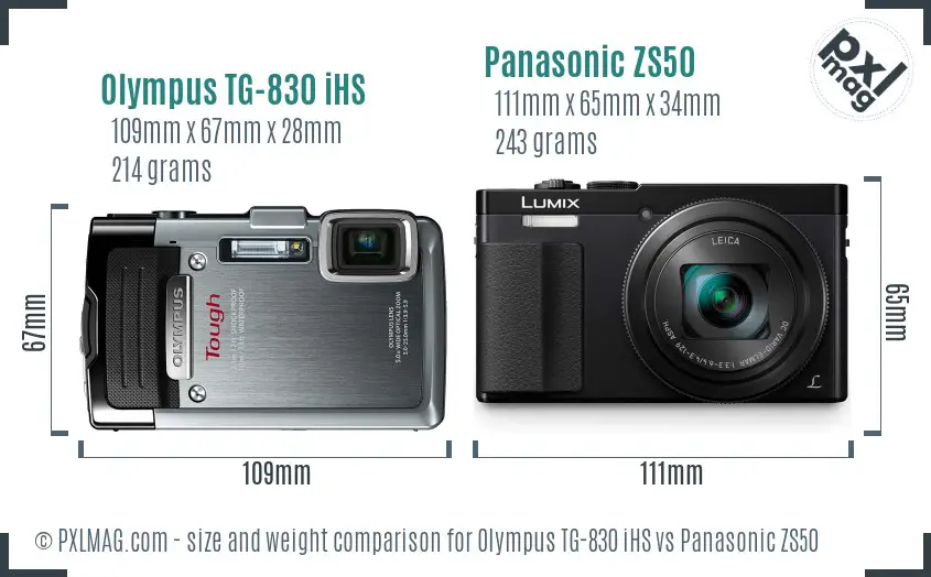 Olympus TG-830 iHS vs Panasonic ZS50 size comparison