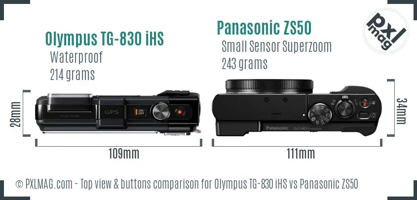 Olympus TG-830 iHS vs Panasonic ZS50 top view buttons comparison