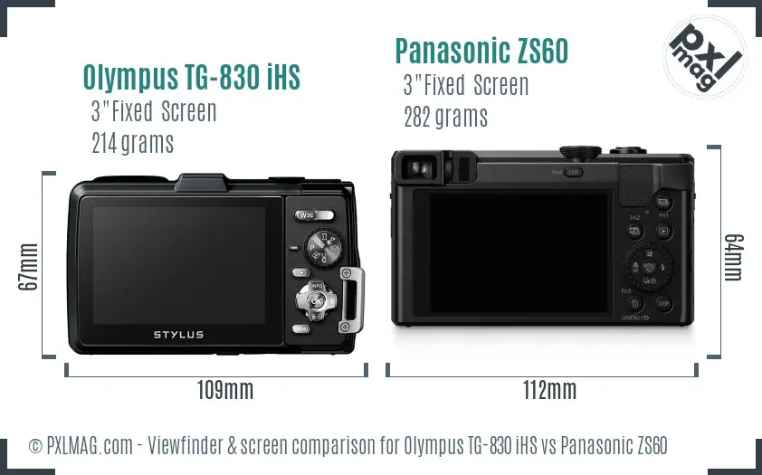 Olympus TG-830 iHS vs Panasonic ZS60 Screen and Viewfinder comparison