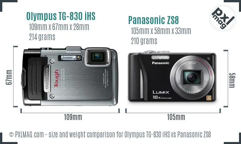 Olympus TG-830 iHS vs Panasonic ZS8 size comparison