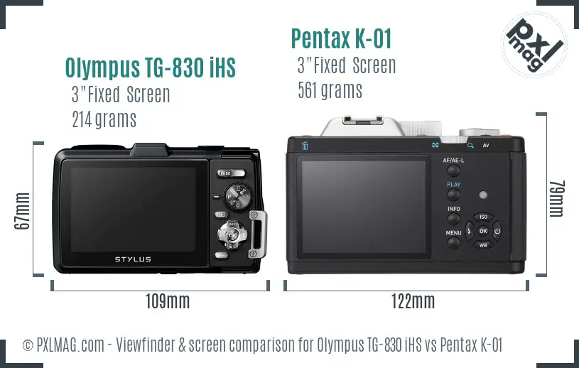 Olympus TG-830 iHS vs Pentax K-01 Screen and Viewfinder comparison