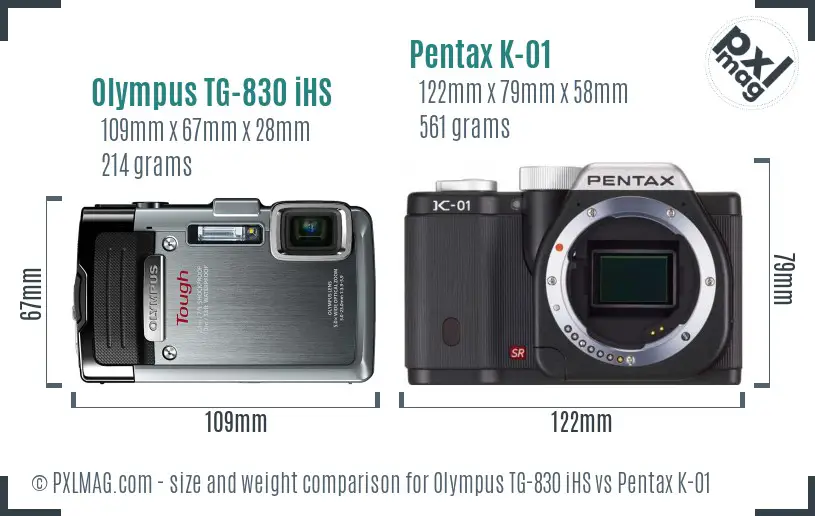 Olympus TG-830 iHS vs Pentax K-01 size comparison
