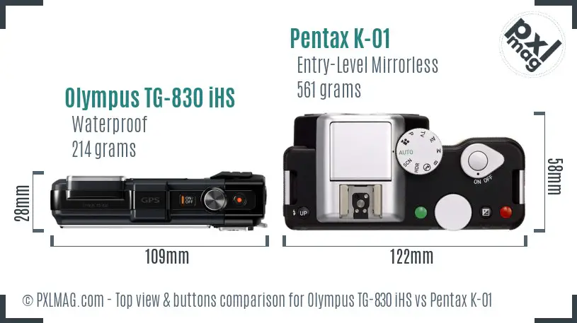 Olympus TG-830 iHS vs Pentax K-01 top view buttons comparison