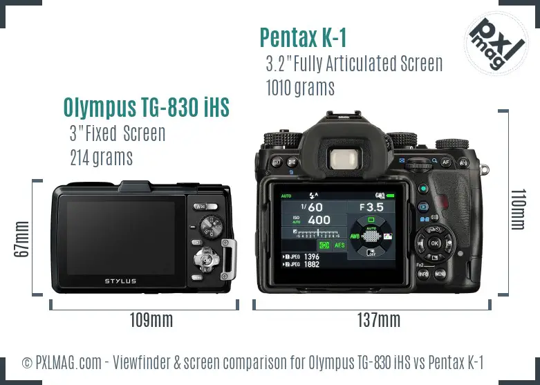 Olympus TG-830 iHS vs Pentax K-1 Screen and Viewfinder comparison
