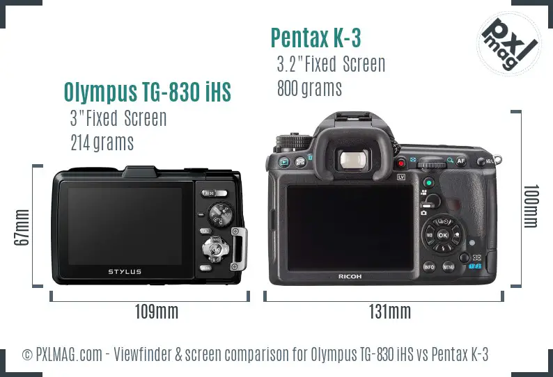 Olympus TG-830 iHS vs Pentax K-3 Screen and Viewfinder comparison