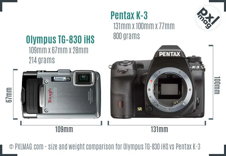 Olympus TG-830 iHS vs Pentax K-3 size comparison