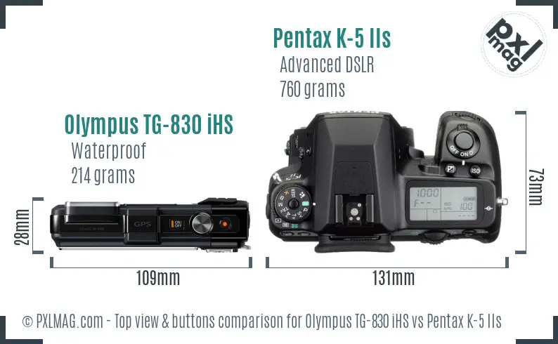 Olympus TG-830 iHS vs Pentax K-5 IIs top view buttons comparison