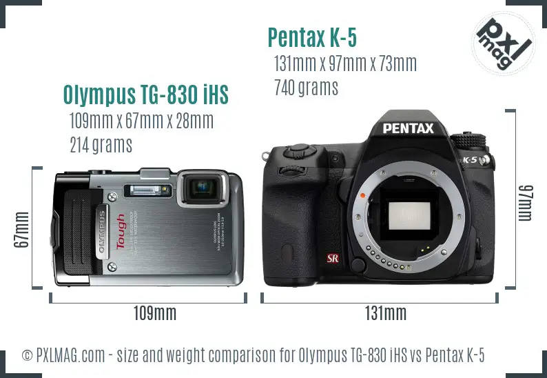 Olympus TG-830 iHS vs Pentax K-5 size comparison