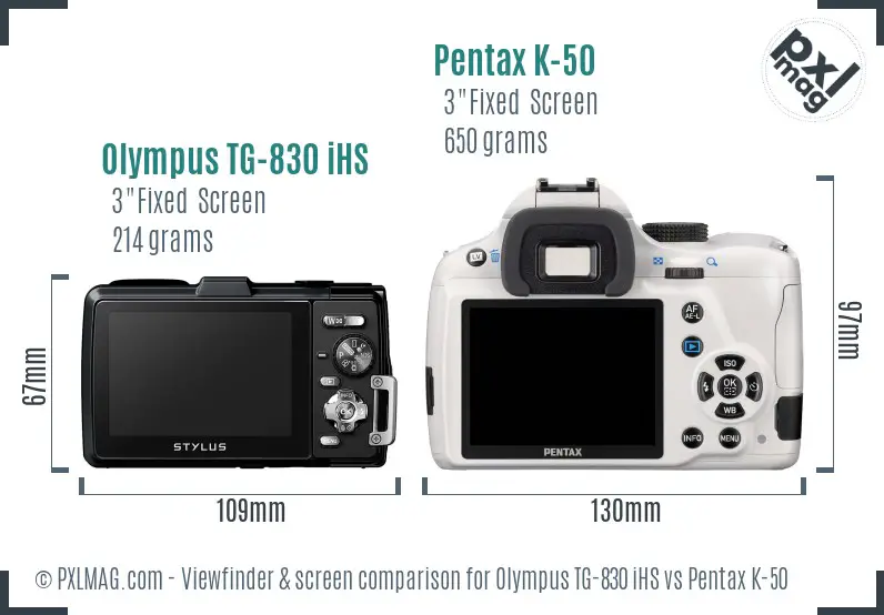 Olympus TG-830 iHS vs Pentax K-50 Screen and Viewfinder comparison