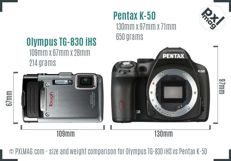 Olympus TG-830 iHS vs Pentax K-50 size comparison