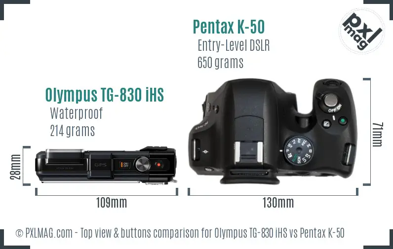 Olympus TG-830 iHS vs Pentax K-50 top view buttons comparison