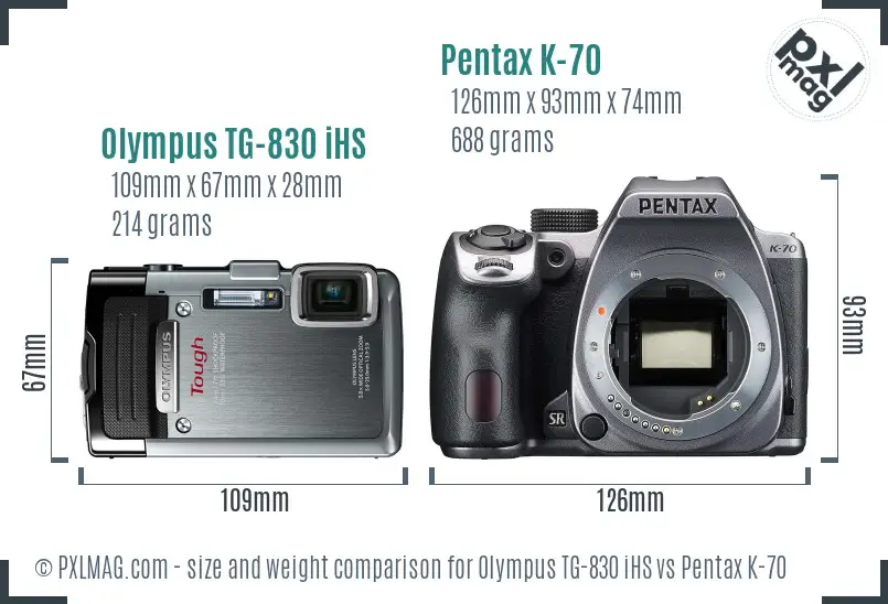 Olympus TG-830 iHS vs Pentax K-70 size comparison