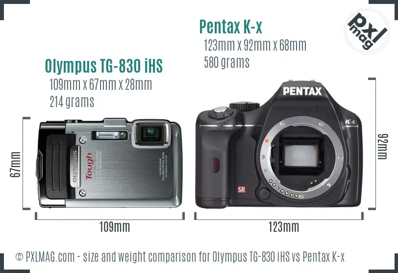 Olympus TG-830 iHS vs Pentax K-x size comparison