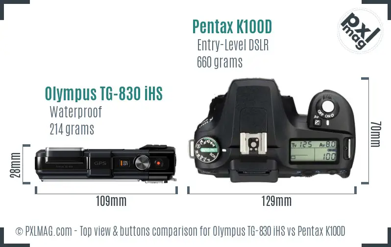 Olympus TG-830 iHS vs Pentax K100D top view buttons comparison Olympus TG-830 iHS vs Pentax K100D top view buttons comparison