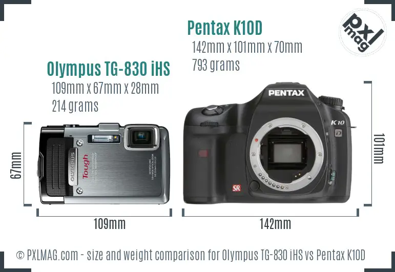 Olympus TG-830 iHS vs Pentax K10D size comparison