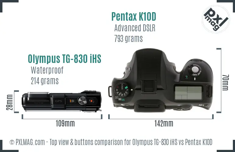 Olympus TG-830 iHS vs Pentax K10D top view buttons comparison