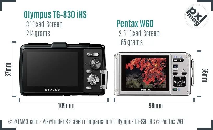 Olympus TG-830 iHS vs Pentax W60 Screen and Viewfinder comparison