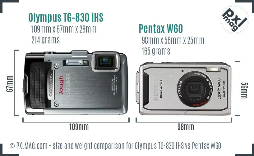 Olympus TG-830 iHS vs Pentax W60 size comparison