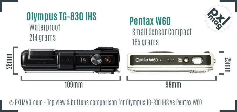 Olympus TG-830 iHS vs Pentax W60 top view buttons comparison