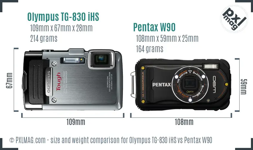 Olympus TG-830 iHS vs Pentax W90 size comparison