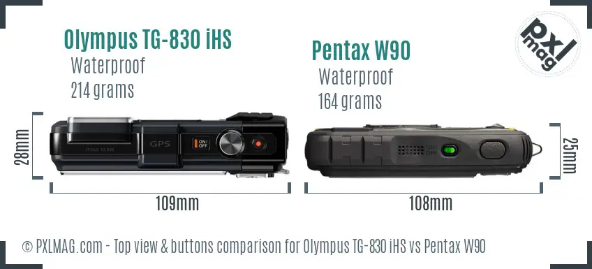 Olympus TG-830 iHS vs Pentax W90 top view buttons comparison