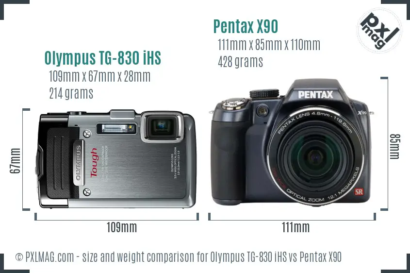 Olympus TG-830 iHS vs Pentax X90 size comparison