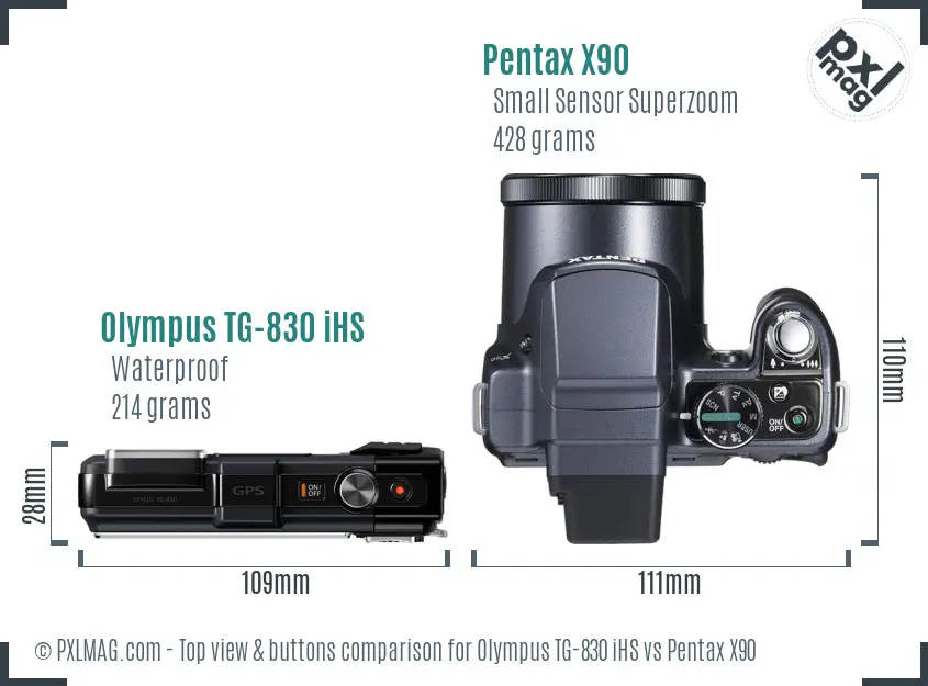 Olympus TG-830 iHS vs Pentax X90 top view buttons comparison