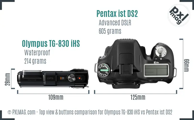 Olympus TG-830 iHS vs Pentax ist DS2 top view buttons comparison Olympus TG-830 iHS vs Pentax ist DS2 top view buttons comparison