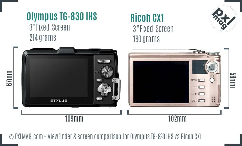 Olympus TG-830 iHS vs Ricoh CX1 Screen and Viewfinder comparison