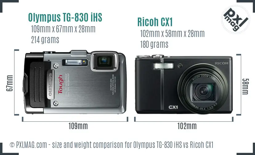 Olympus TG-830 iHS vs Ricoh CX1 size comparison