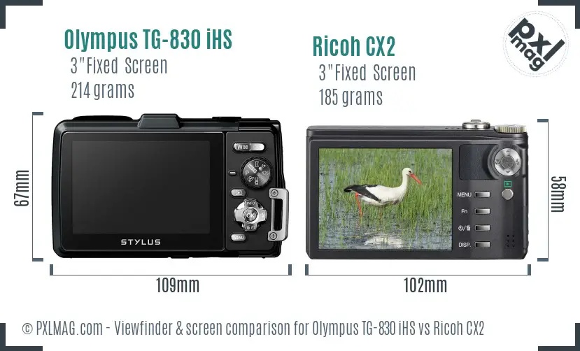 Olympus TG-830 iHS vs Ricoh CX2 Screen and Viewfinder comparison