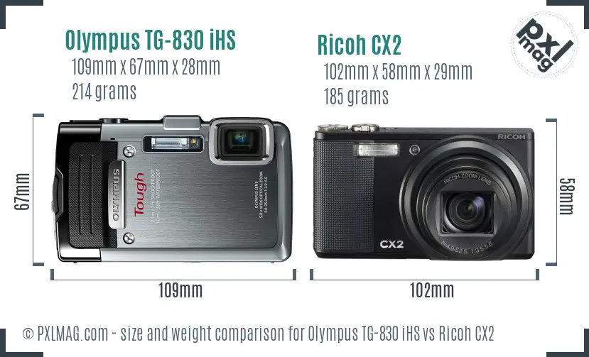 Olympus TG-830 iHS vs Ricoh CX2 size comparison