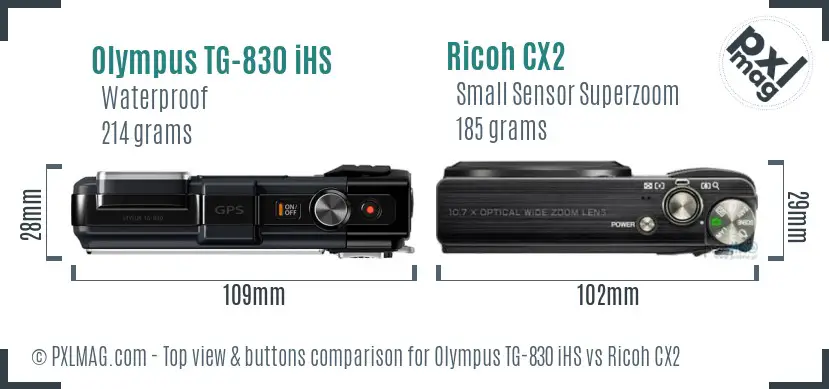 Olympus TG-830 iHS vs Ricoh CX2 top view buttons comparison