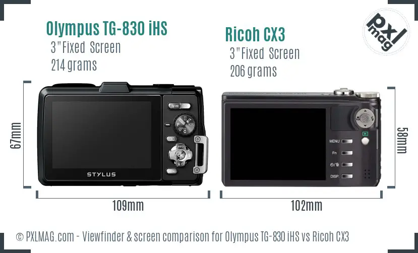 Olympus TG-830 iHS vs Ricoh CX3 Screen and Viewfinder comparison