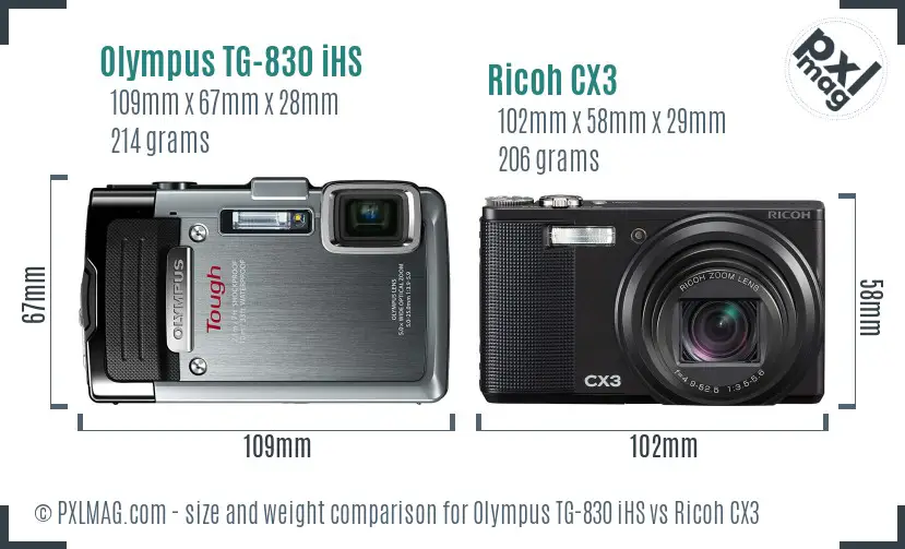 Olympus TG-830 iHS vs Ricoh CX3 size comparison