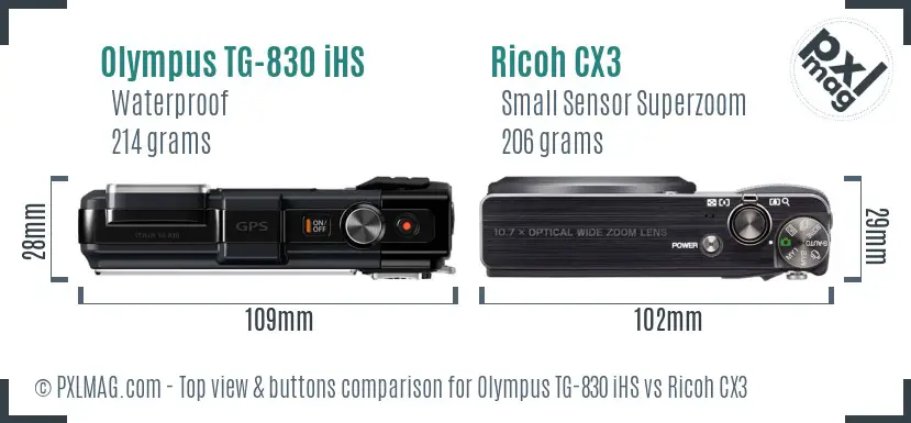 Olympus TG-830 iHS vs Ricoh CX3 top view buttons comparison