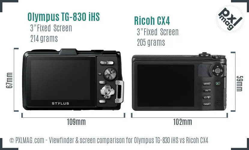 Olympus TG-830 iHS vs Ricoh CX4 Screen and Viewfinder comparison