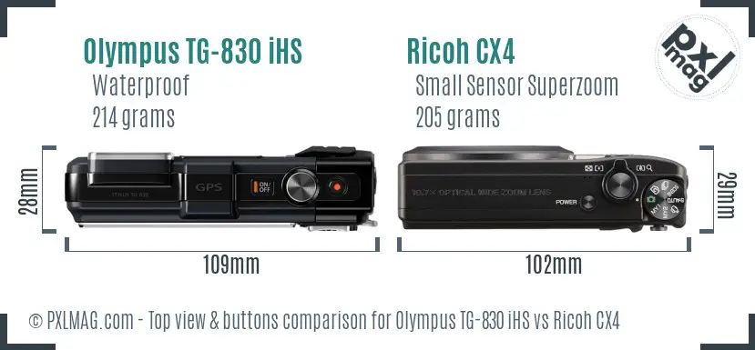 Olympus TG-830 iHS vs Ricoh CX4 top view buttons comparison