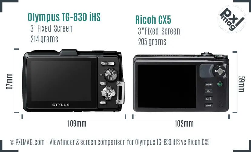 Olympus TG-830 iHS vs Ricoh CX5 Screen and Viewfinder comparison