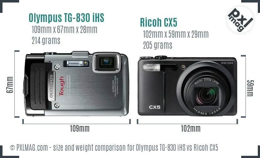 Olympus TG-830 iHS vs Ricoh CX5 size comparison