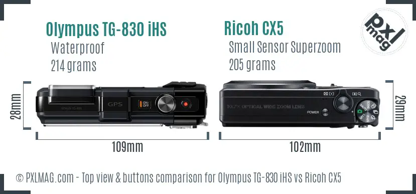 Olympus TG-830 iHS vs Ricoh CX5 top view buttons comparison