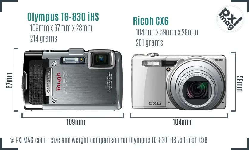 Olympus TG-830 iHS vs Ricoh CX6 size comparison Olympus TG-830 iHS vs Ricoh CX6 size comparison
